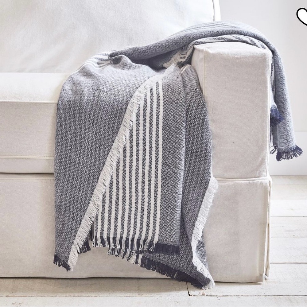 Pottery Barn Clover Fringe Striped Throw Blanket farmhouse cottagecore very soft